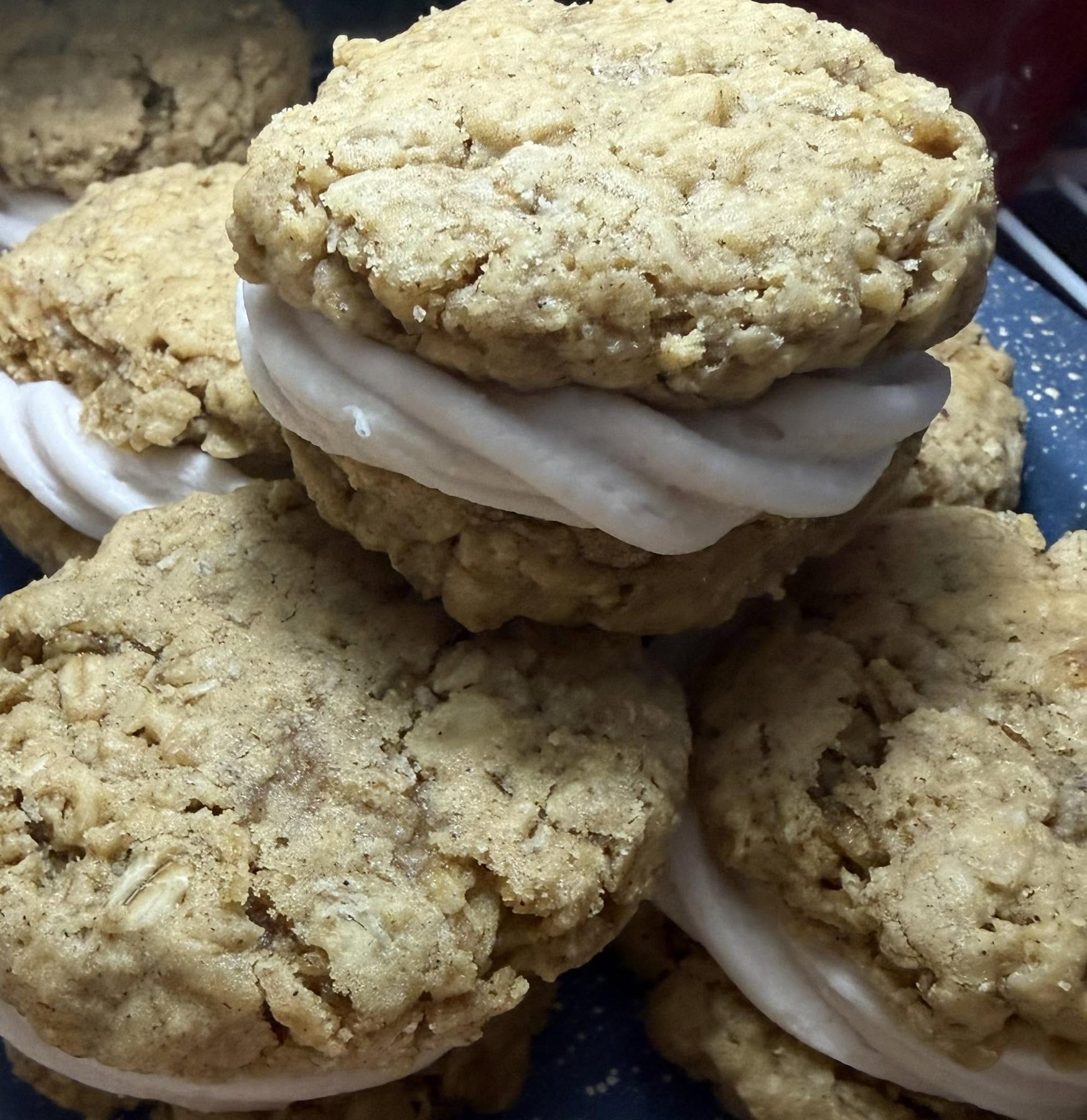 Stacked oatmeal cream pie cookie sandwiches