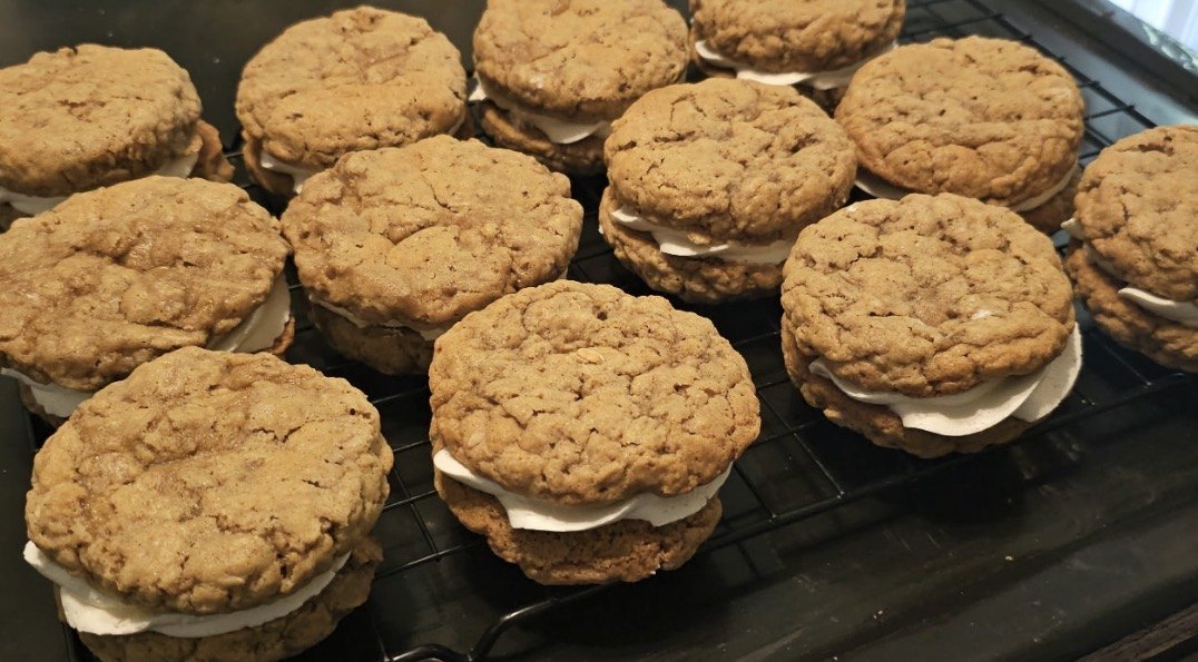 Iced cookie bars lined up on trays